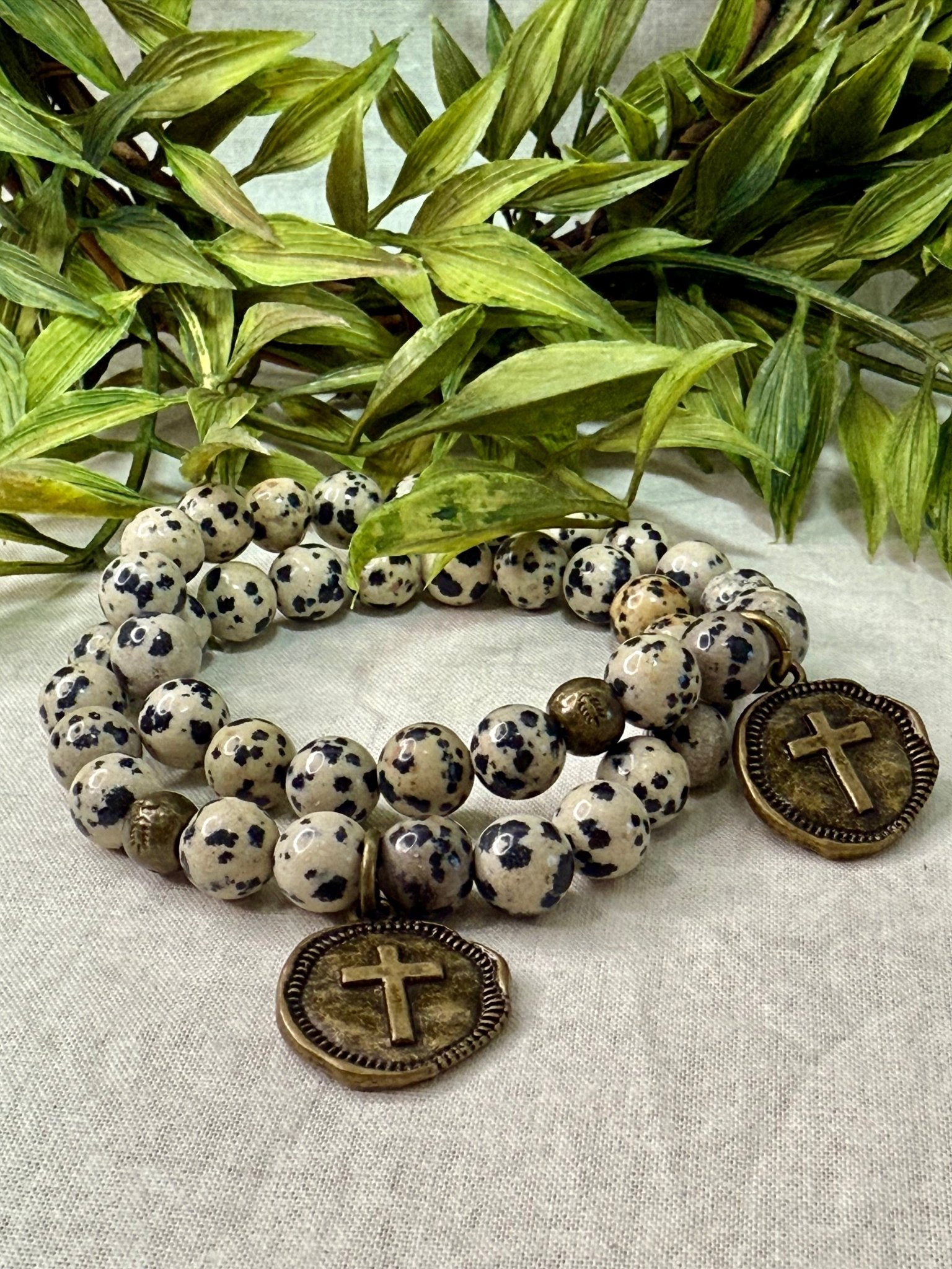Dalmatian Jasper with Cross Drop Bracelet - Vintage Vault Boutique