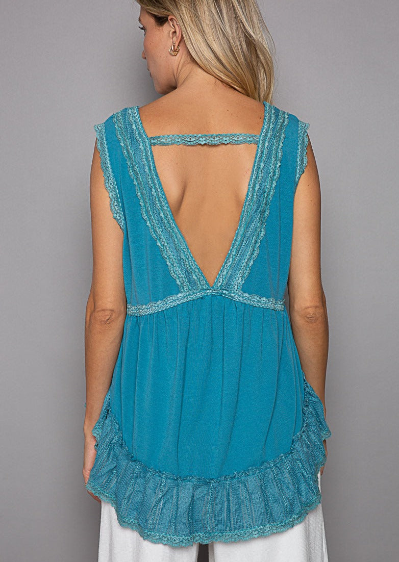 Ocean Teal Lace Trim Tank 