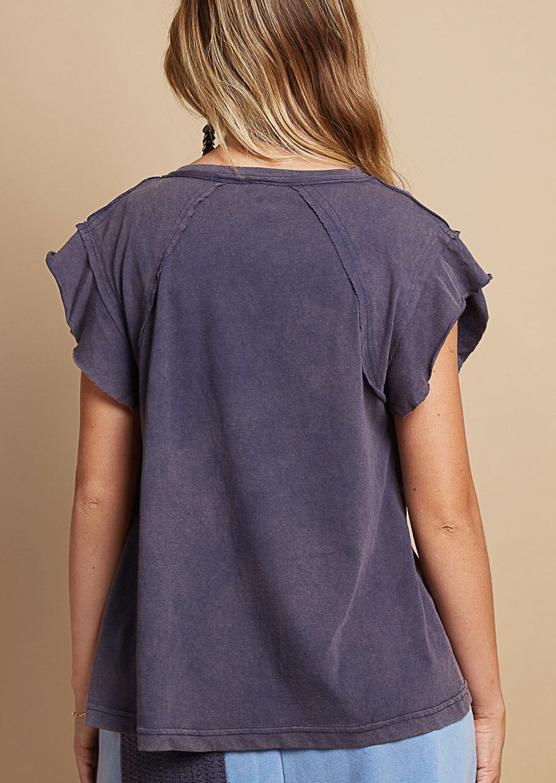 Navy Short Ruffle Sleeve T-Shirt 