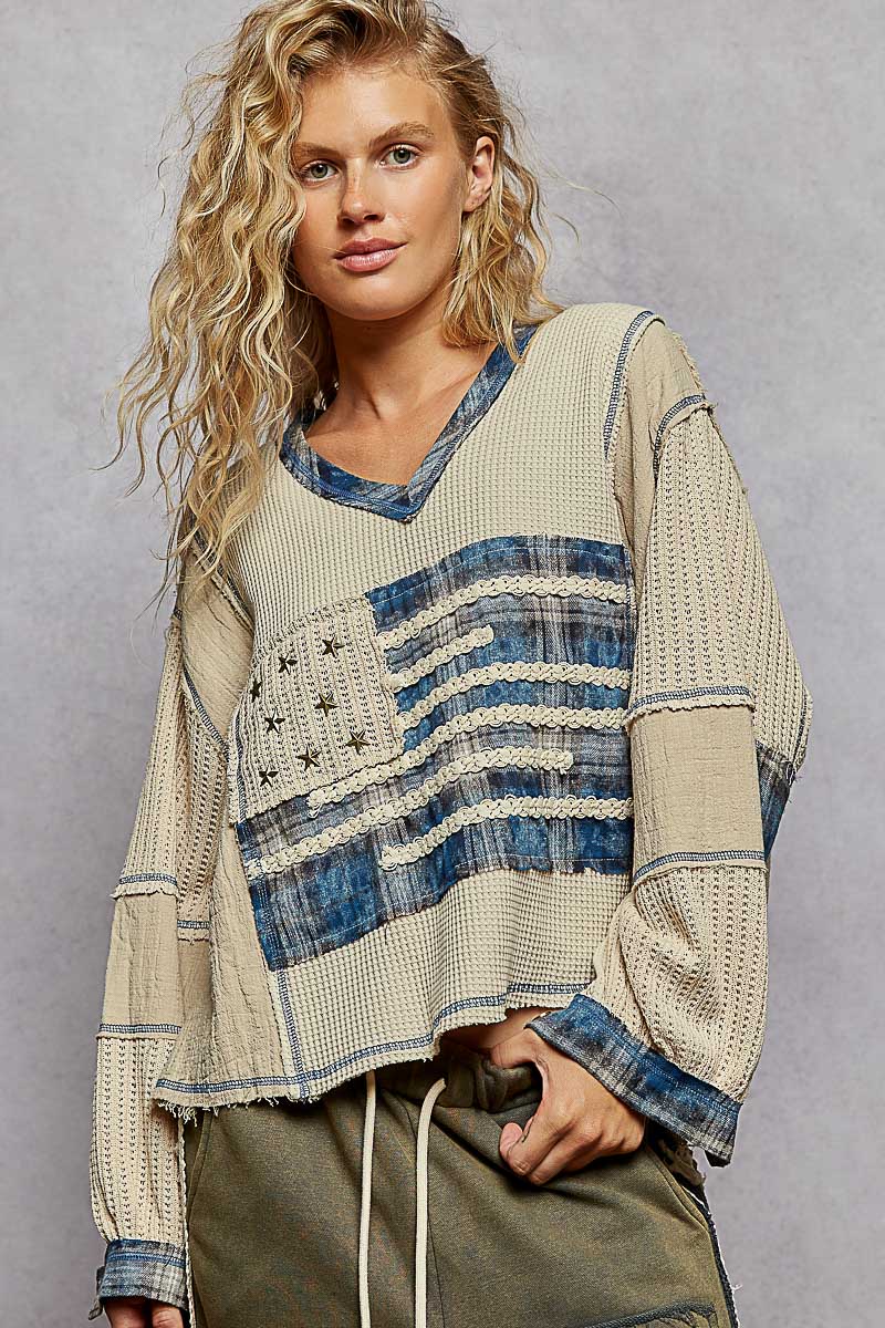 Oatmeal and Denim Flag Top