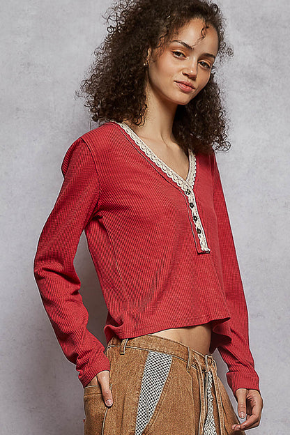 Raspberry Rose Ribbed Henley Top
