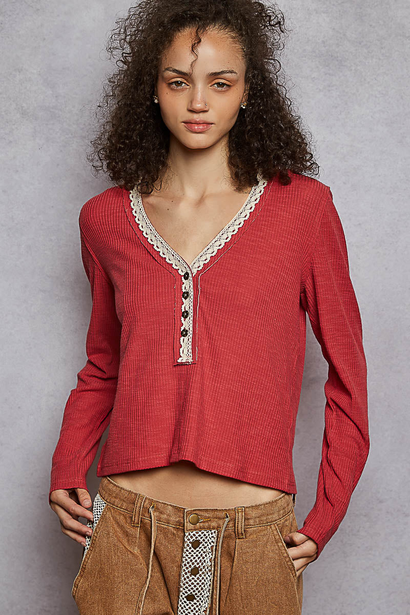 Raspberry Rose Ribbed Henley Top