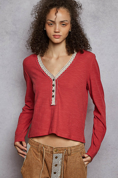 Raspberry Rose Ribbed Henley Top