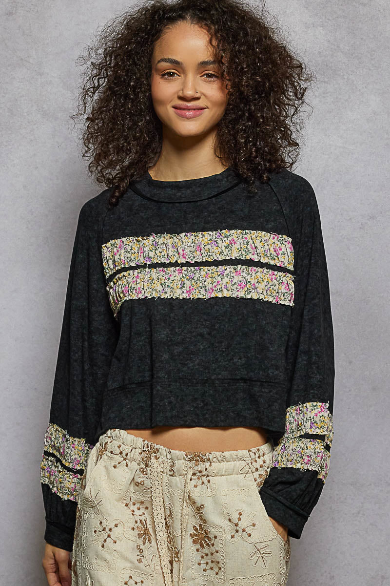 Black with Floral Stripe Applique Top