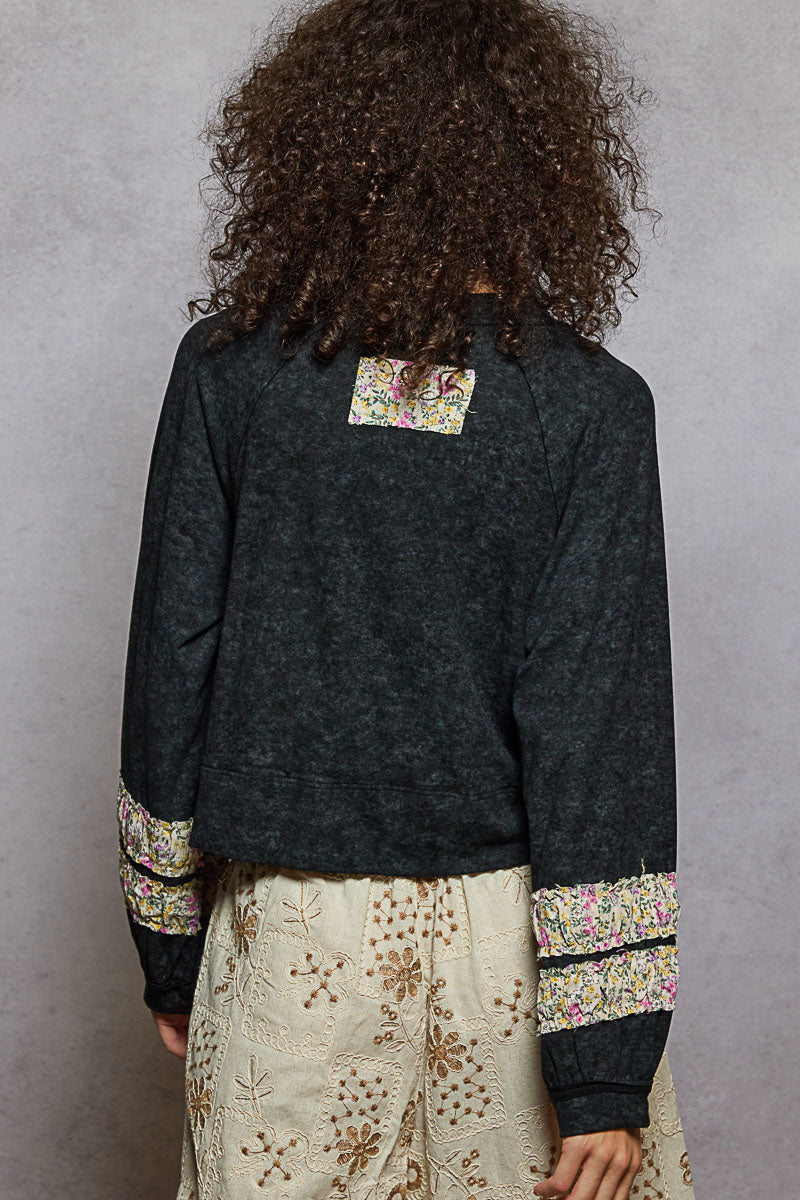 Black with Floral Stripe Applique Top