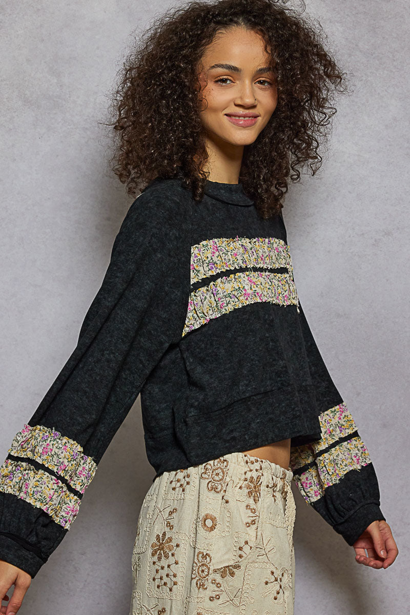 Black with Floral Stripe Applique Top