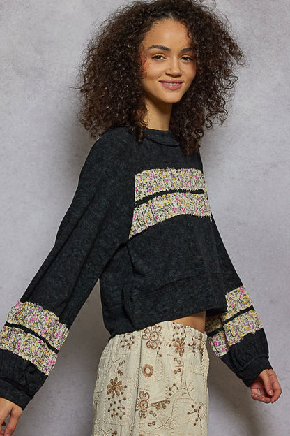 Black with Floral Stripe Applique Top
