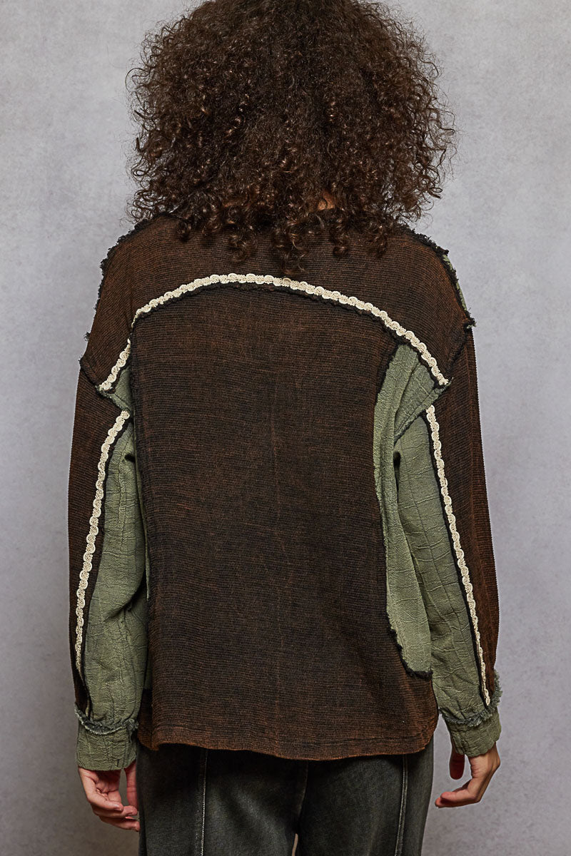 Charcoal and Green V-Neck with Lace Trim Top