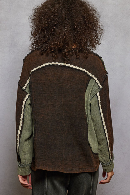Charcoal and Green V-Neck with Lace Trim Top