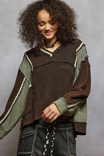 Charcoal and Green V-Neck with Lace Trim Top