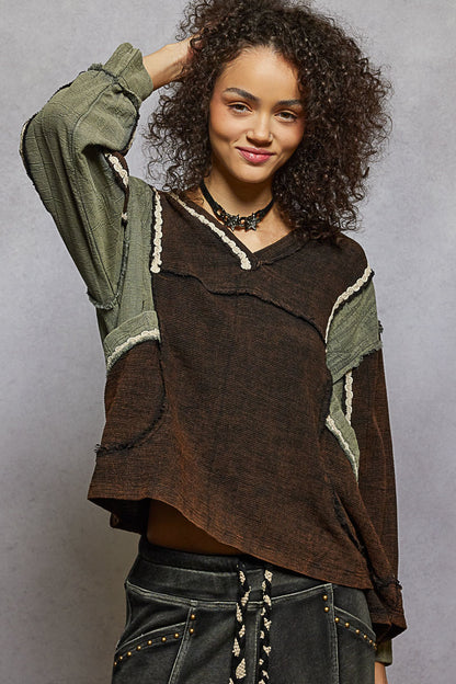 Charcoal and Green V-Neck with Lace Trim Top