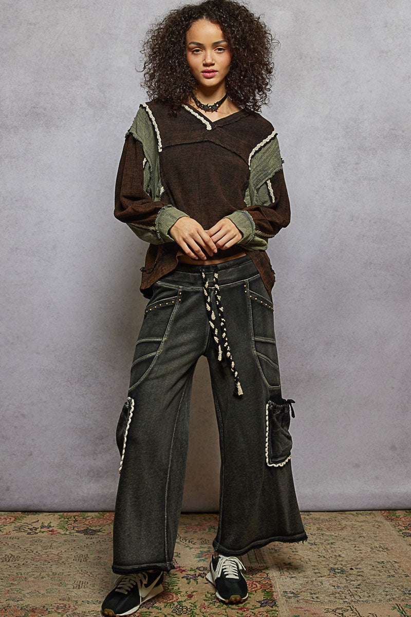 Charcoal and Green V-Neck with Lace Trim Top