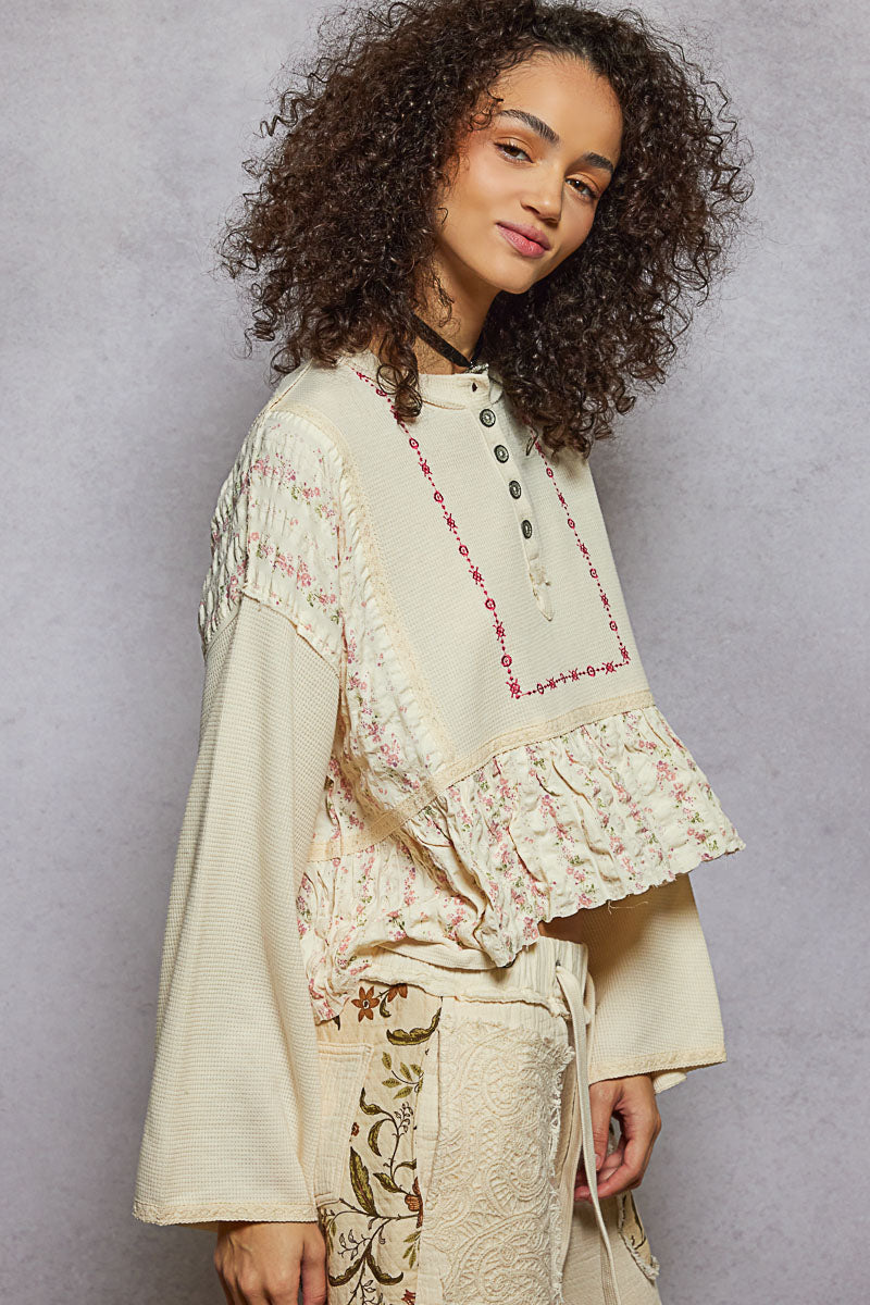 Natural Flare Sleeve Mix Media Top