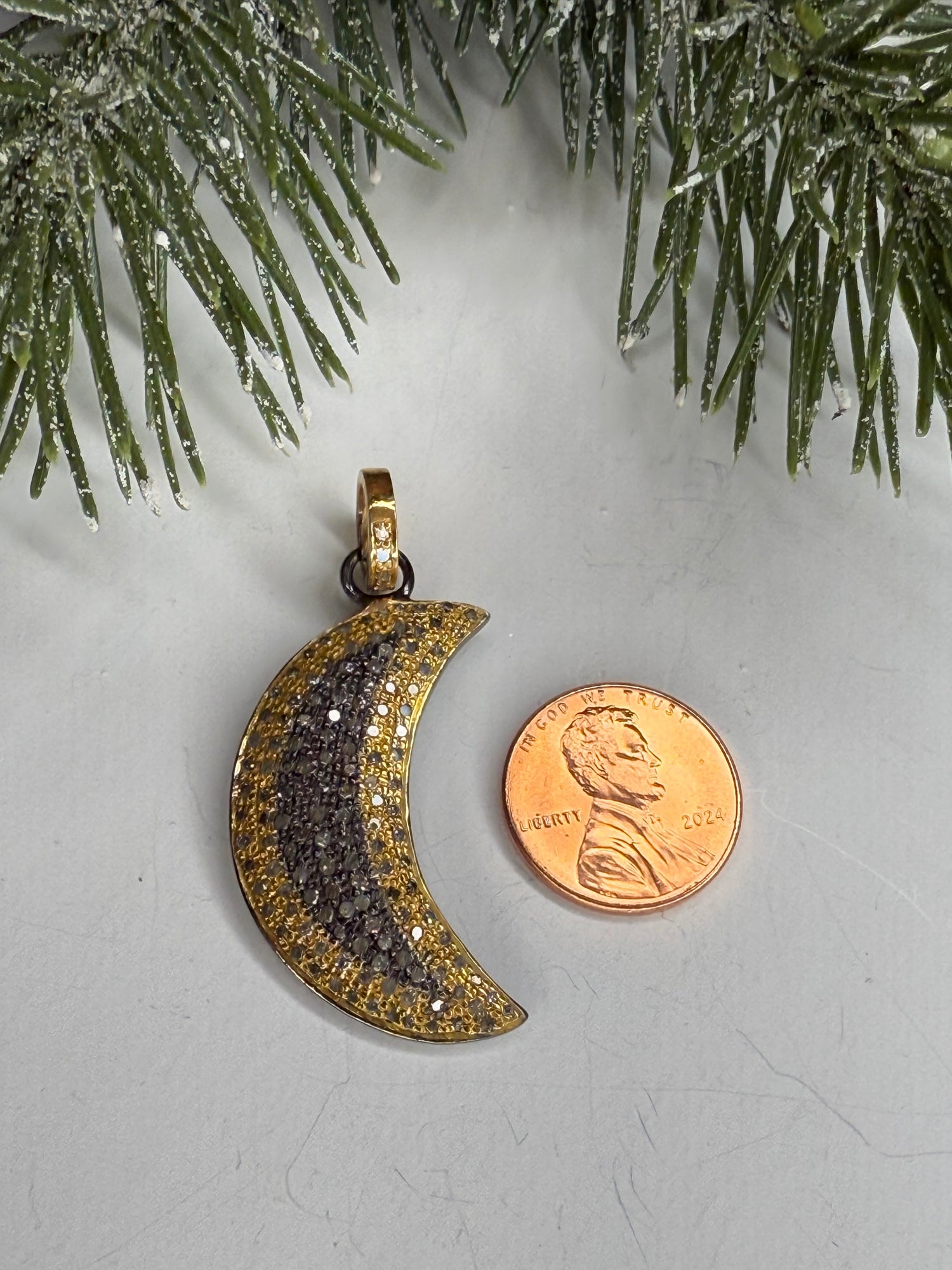 Mix Metal Pave Diamond Moon Pendant