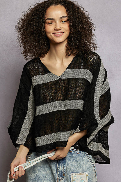 Charcoal and Black Striped Linen Topper - Vintage Vault Boutique