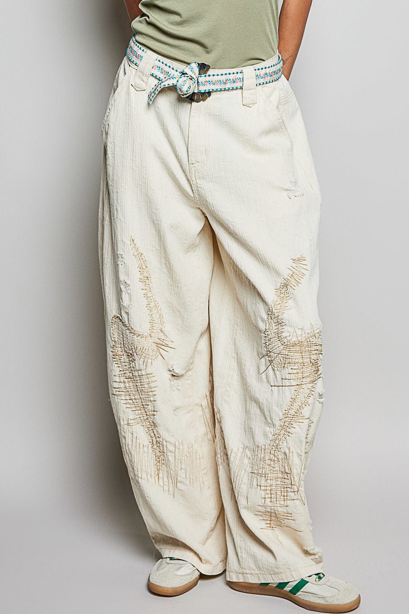 Natural Wide Fit Stitched Pants - Vintage Vault Boutique