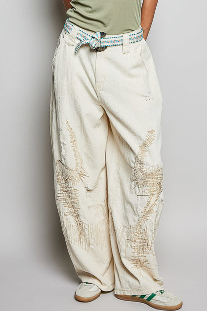 Natural Wide Fit Stitched Pants - Vintage Vault Boutique