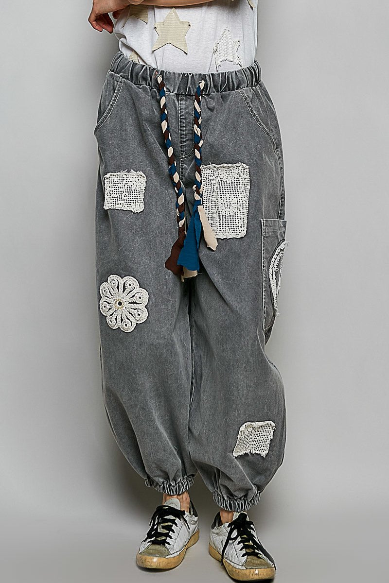 Charcoal Peace Applique Pant - Vintage Vault Boutique