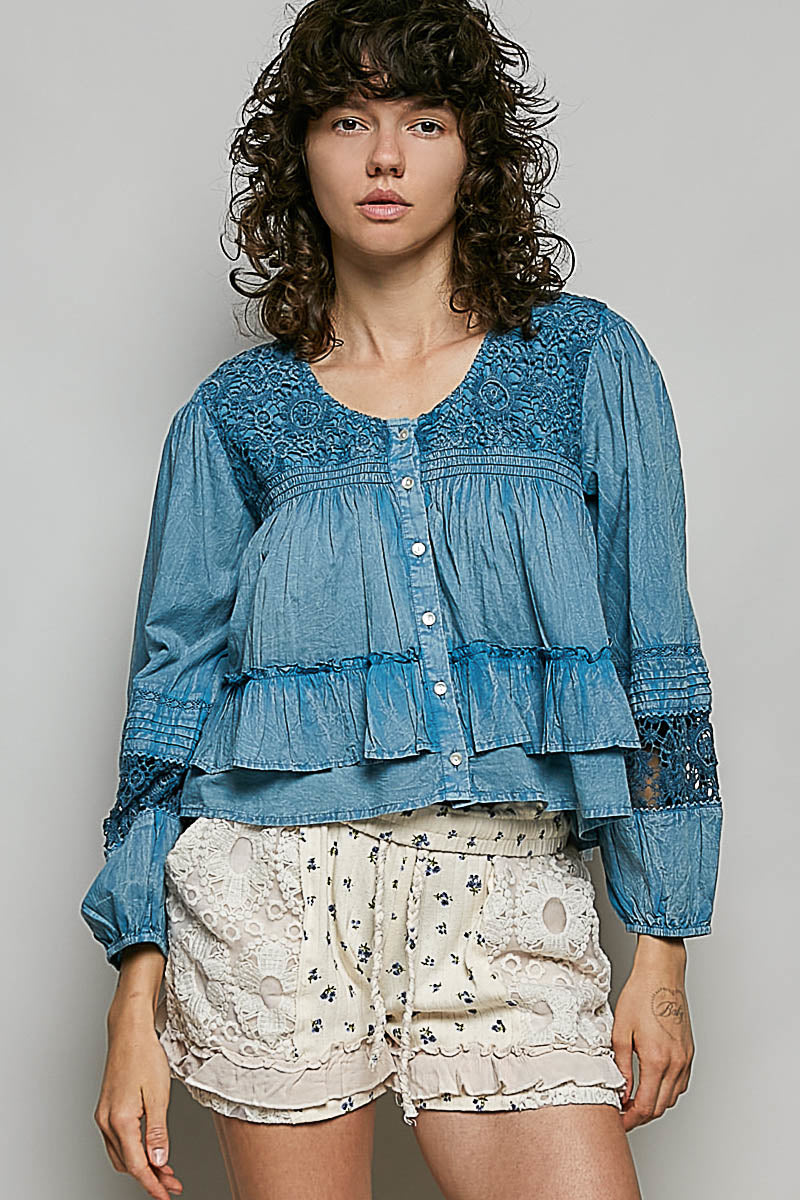 Denim Lace Button Up Top