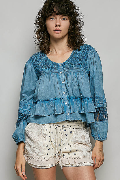 Denim Lace Button Up Top