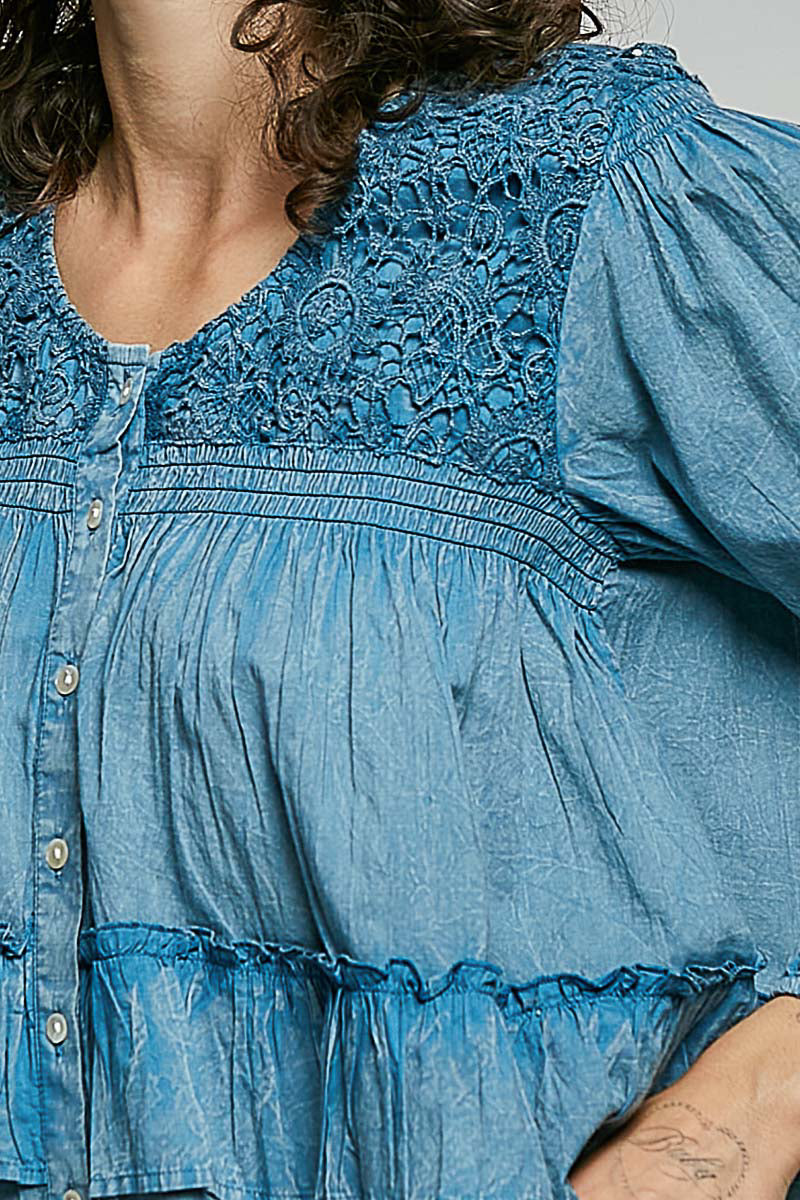 Denim Lace Button Up Top