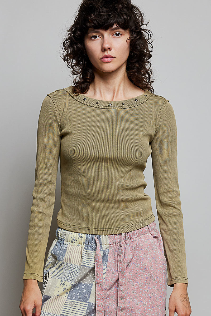 Moss Green Long Sleeve Ribbed Knit Top