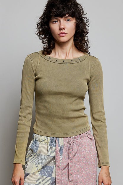 Moss Green Long Sleeve Ribbed Knit Top