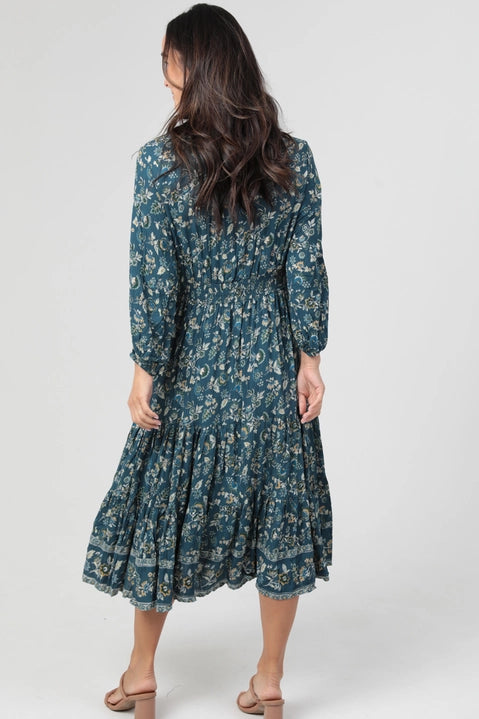 Teal Smocked Waist Midi Dress