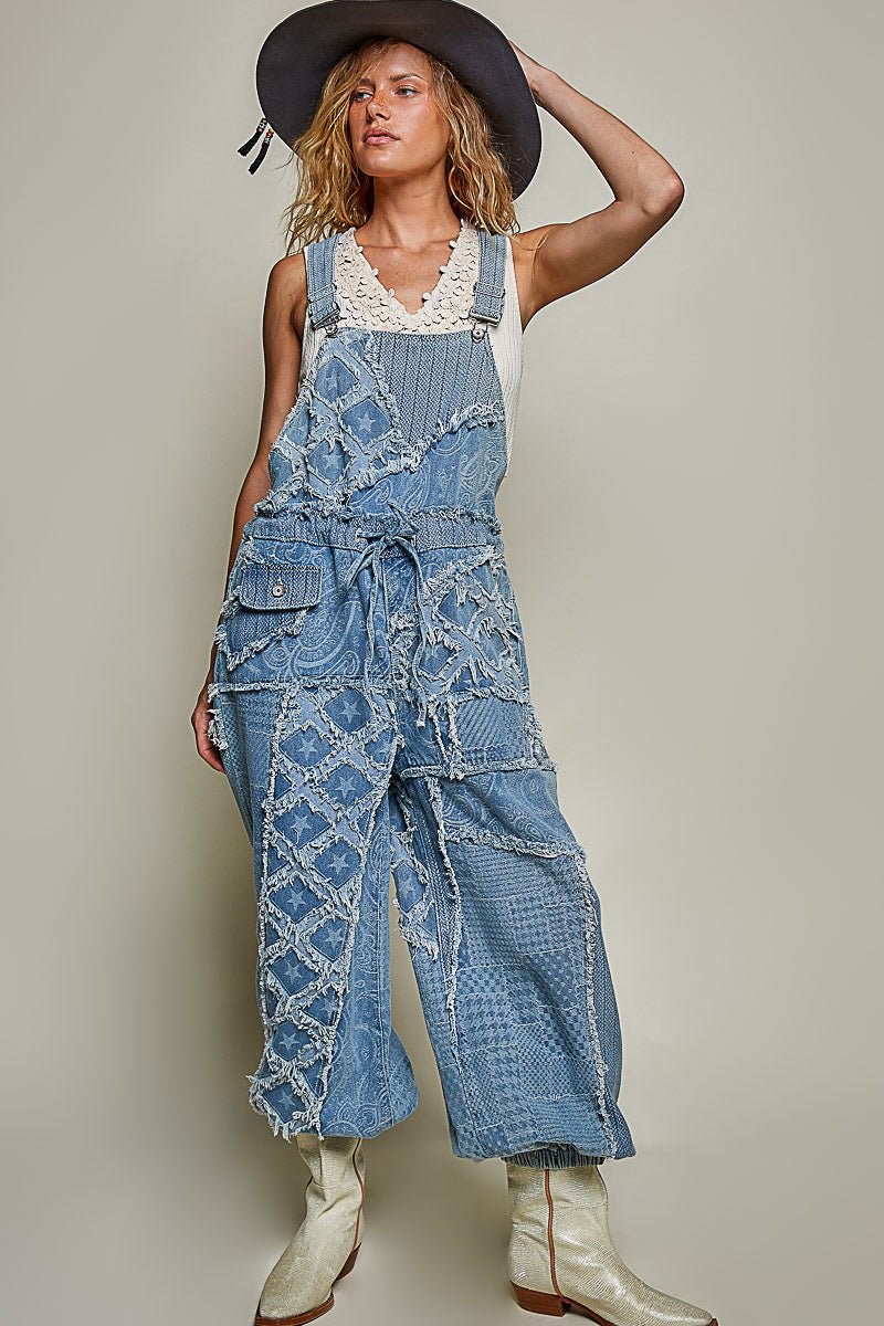 Denim Texture Drawstring Overalls - Vintage Vault Boutique