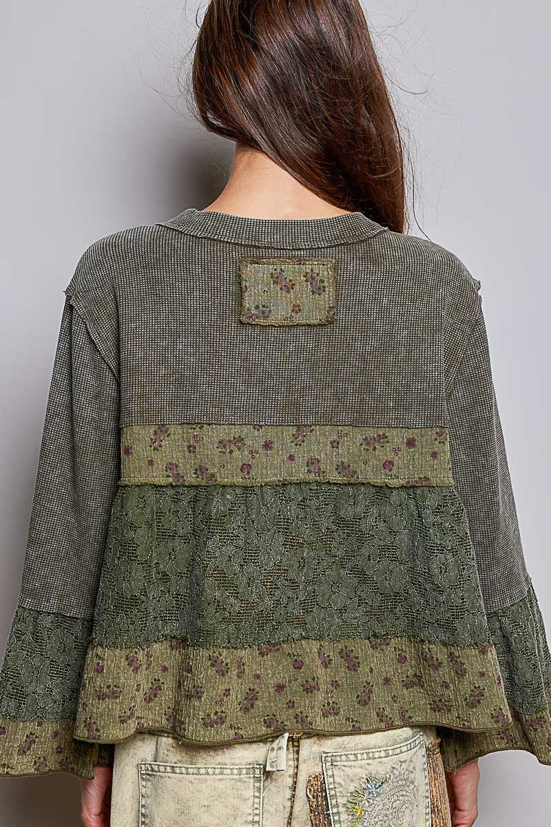 Olive V-Neck Mixed Waffle Top - Vintage Vault Boutique