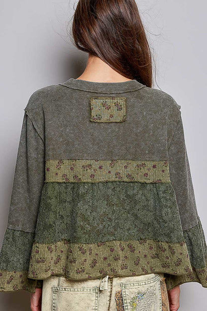 Olive V-Neck Mixed Waffle Top - Vintage Vault Boutique