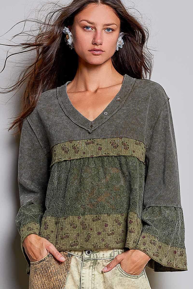 Olive V-Neck Mixed Waffle Top - Vintage Vault Boutique