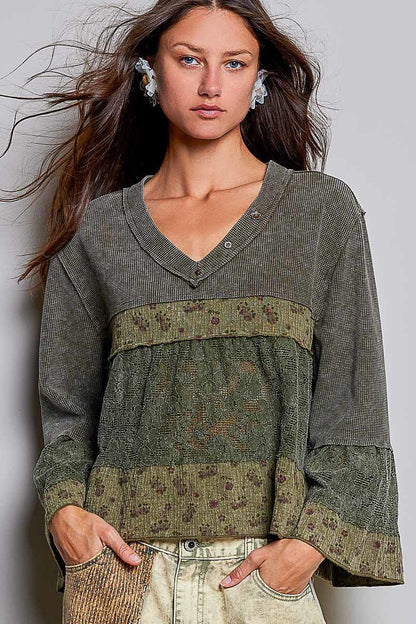 Olive V-Neck Mixed Waffle Top - Vintage Vault Boutique