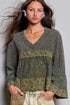Olive V-Neck Mixed Waffle Top - Vintage Vault Boutique