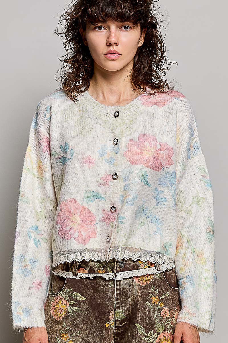 Floral Float Button Up Sweater - Vintage Vault Boutique