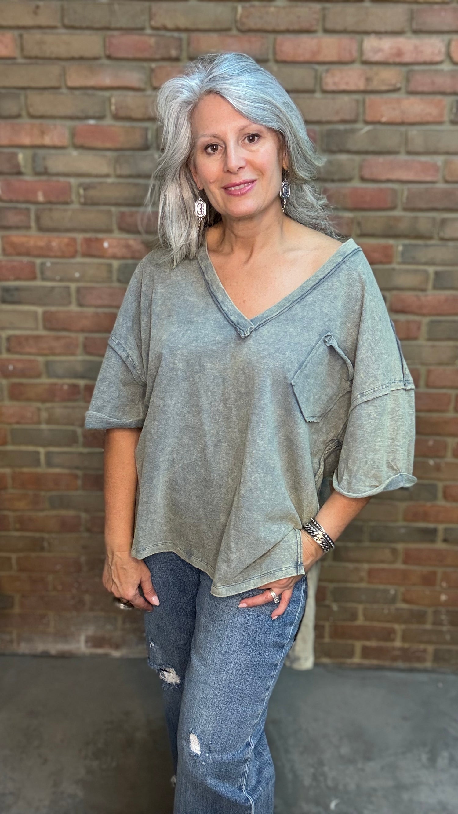 Faded Navy V-Neck Short Sleeve Top