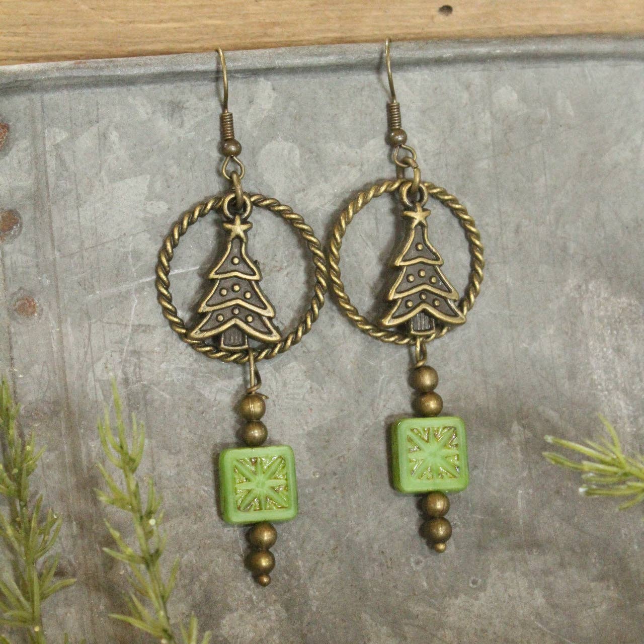 Czech Star &amp; Evergreen Christmas Dangle Earrings