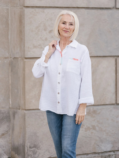Front view of model wearing Abby Cotton Gauze Button Up Shirt.