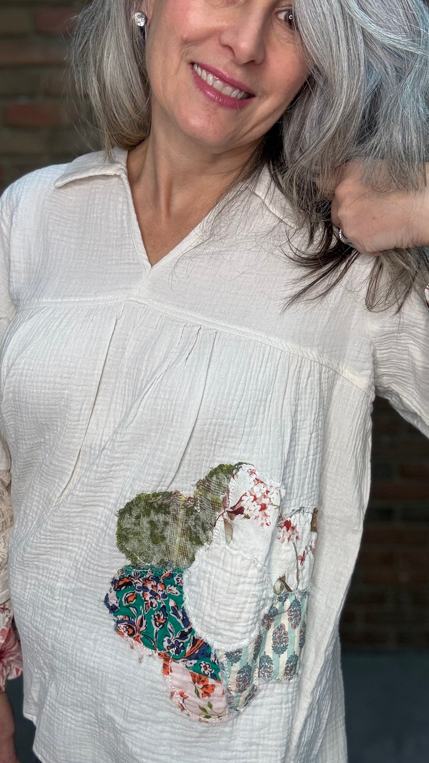 V-Neck Collared Flower Patch Top