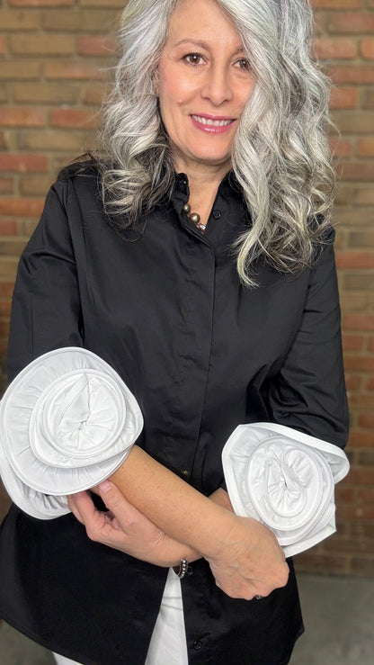 Black Shirt with White Rose Cuff - Vintage Vault Boutique