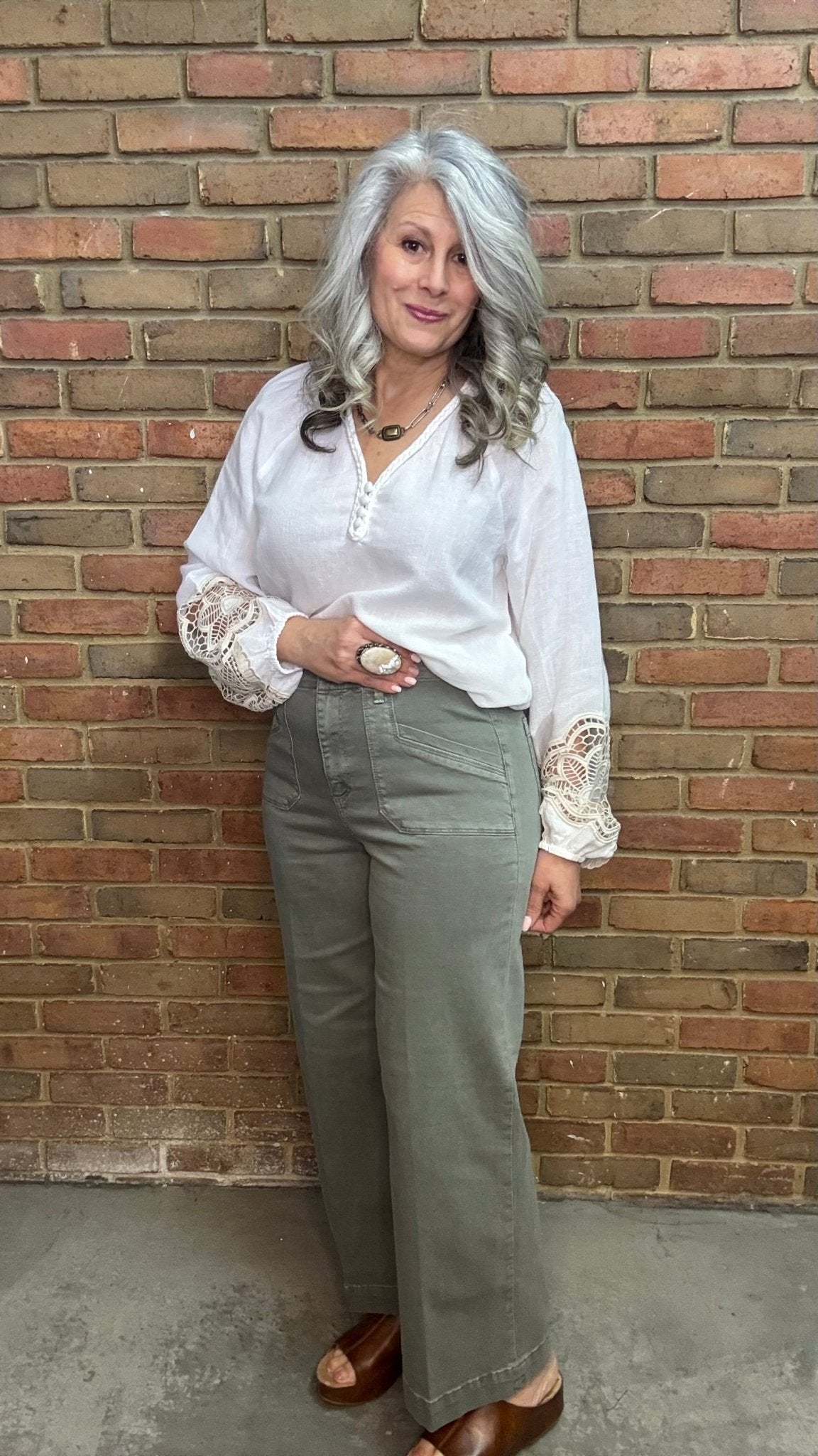 Cropped Wide Leg Twill Pants Sage - Vintage Vault Boutique