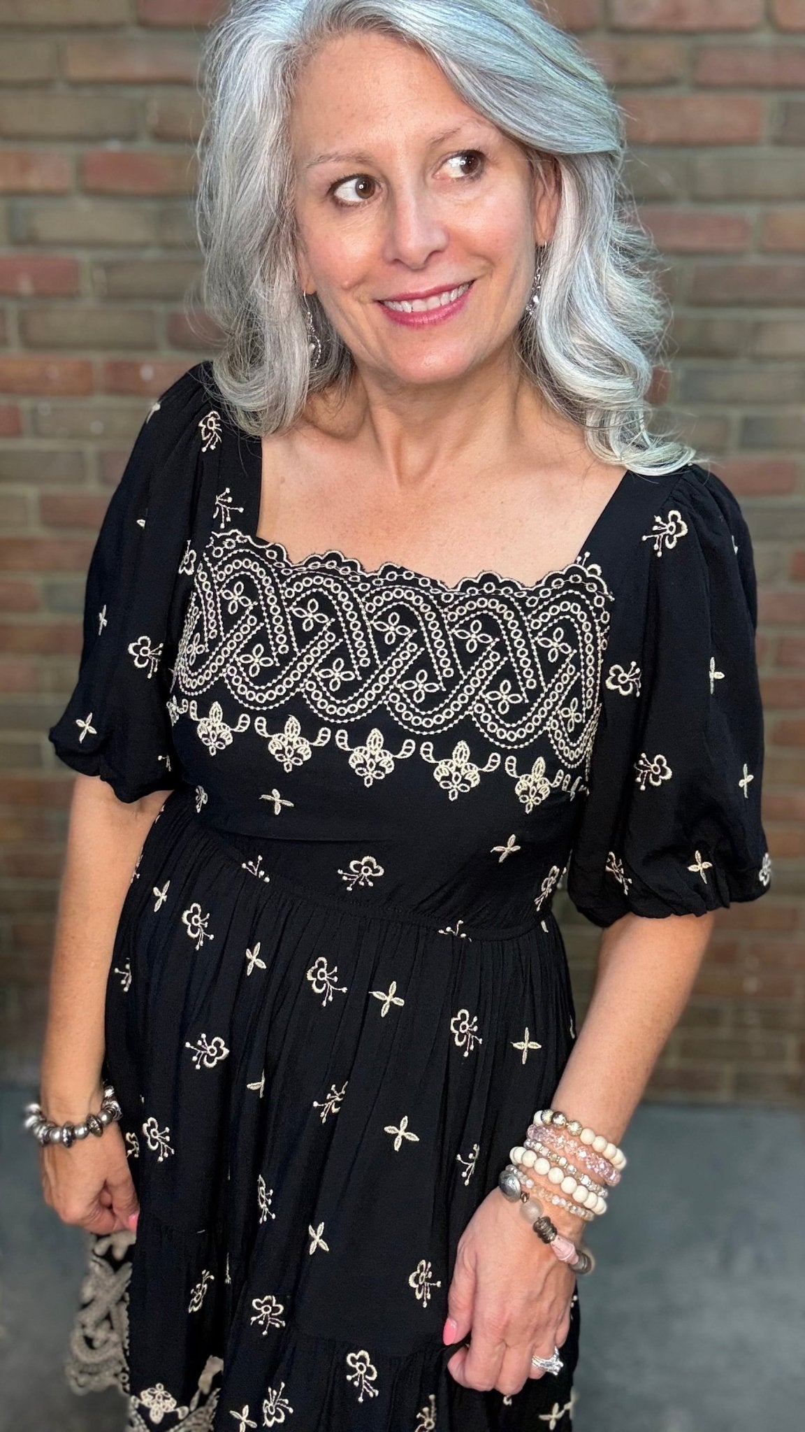 Bubble Sleeve Embroidered Dress - Vintage Vault Boutique