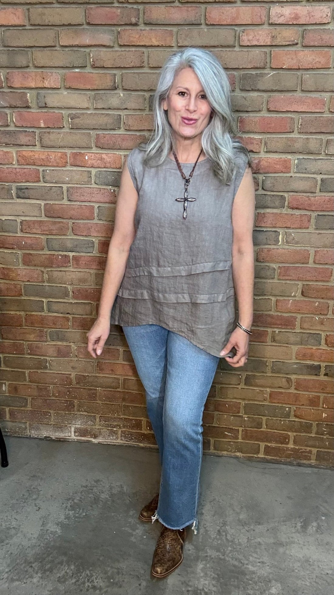 Taupe Linen Tank with Tucks - Vintage Vault Boutique
