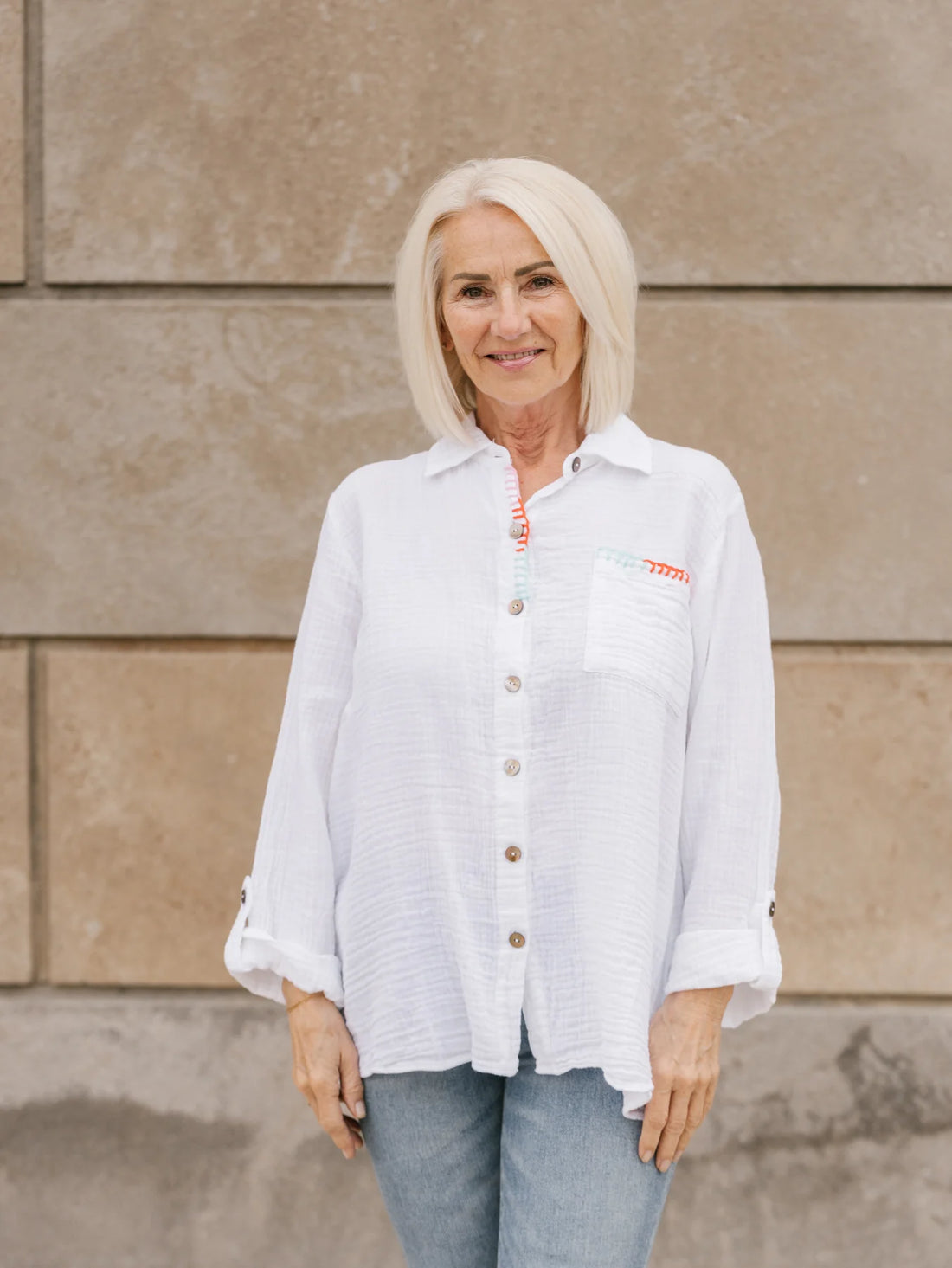 Front view of model wearing Abby Cotton Gauze Button Up Shirt.