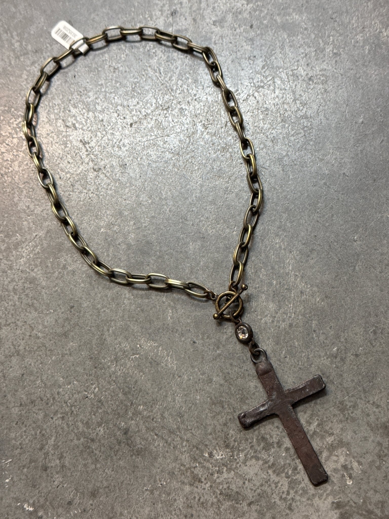 Rustic Iron Cross on Brass Chain with Front Toggle Necklace - Vintage Vault Boutique