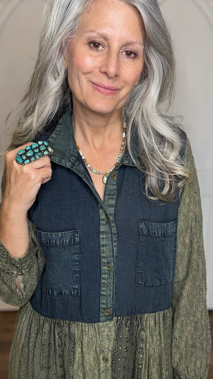 Button Front Patchwork Dress