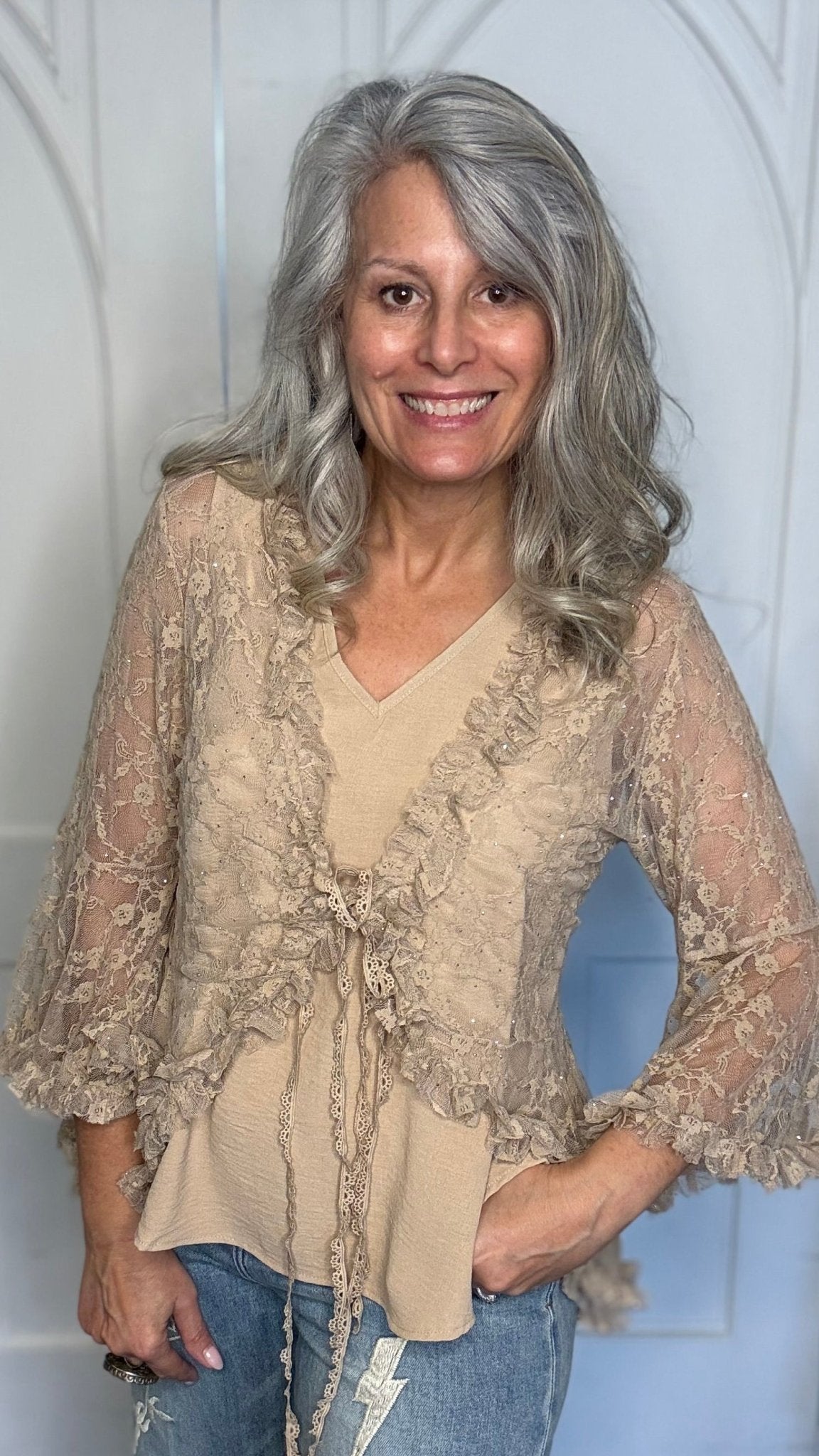 Sparkly All Lace Cardigan with Ties - Vintage Vault Boutique