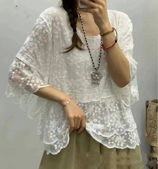 Washed Embroidered Blouse Ivory