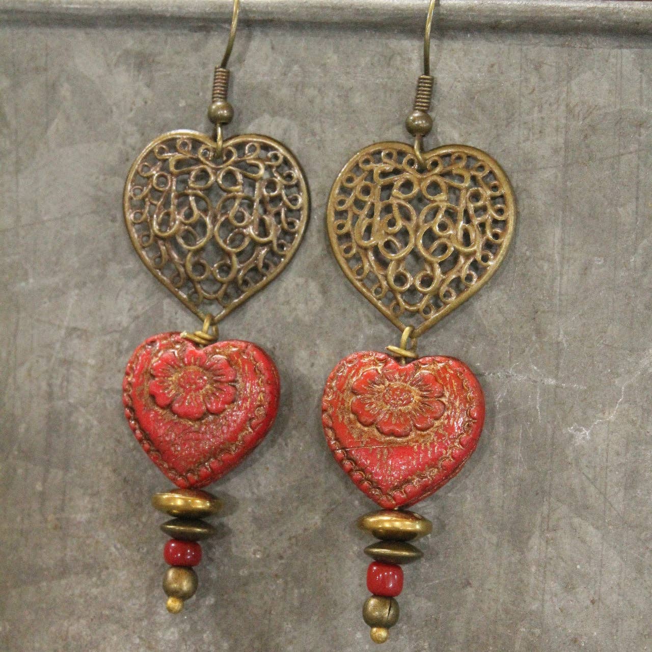 Red Czech Double Heart Earrings Valentine