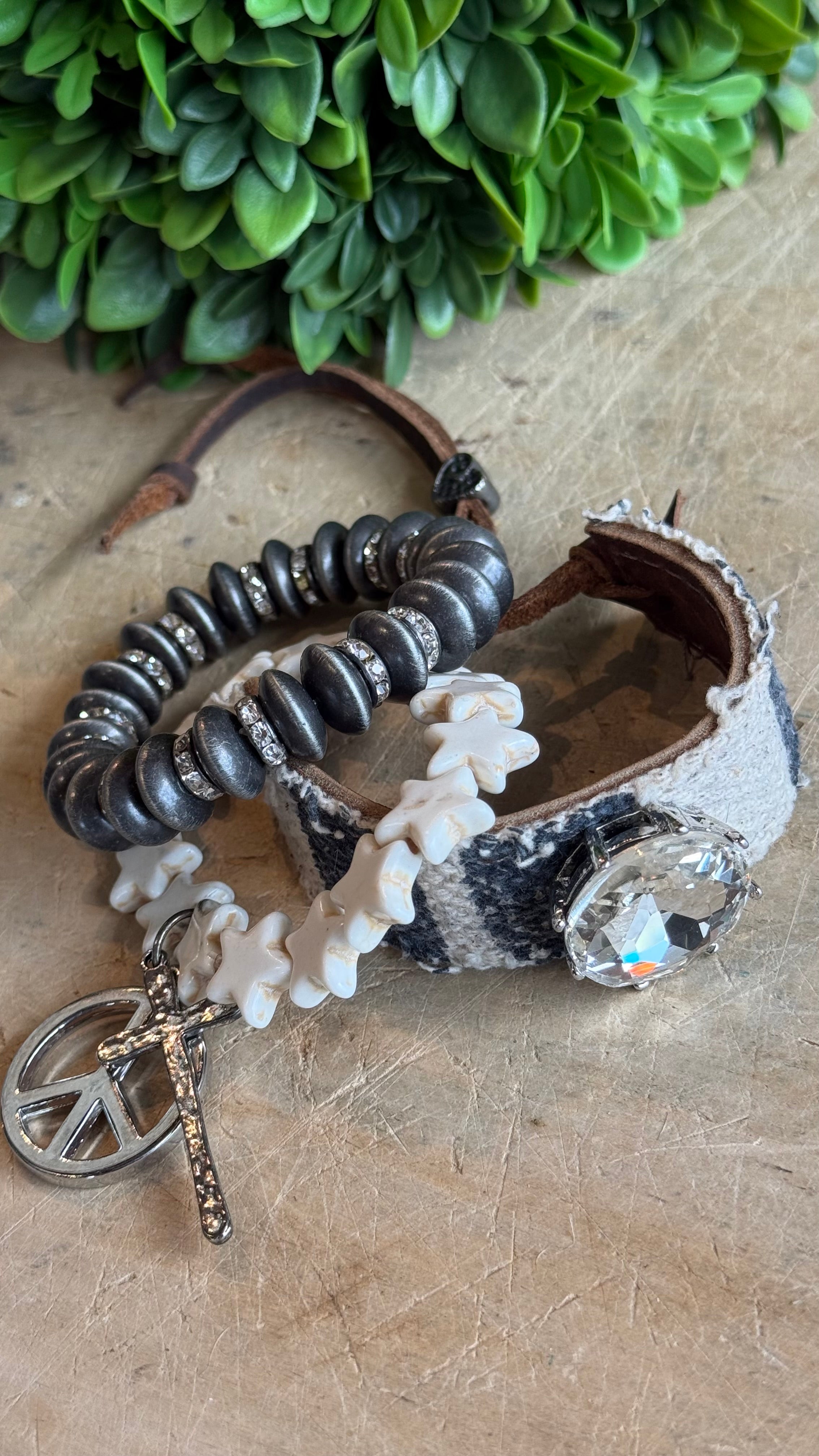 Denim Peace Stars and Cross Bracelet Stack